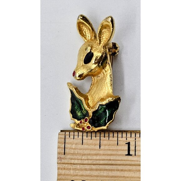 Vintage Christmas Rudolph The Red Nosed Reindeer With Holly Brooch Pin MCM - Picture 5 of 7